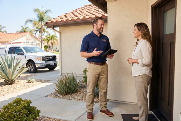 Field service technician reviewing customer details on tablet at customer doorstep