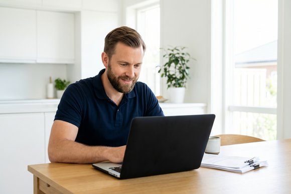 Business owner reviewing invoices on a laptop in their office