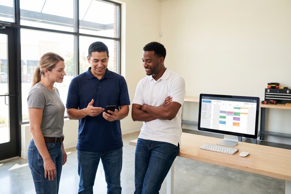 Field service technician checking schedule on mobile phone with calendar UI on monitor behind
