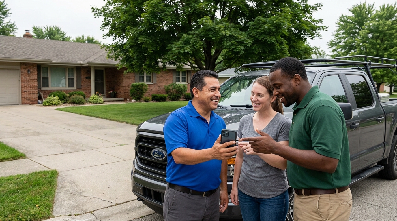 Three field service workers reviewing a schedule together before starting their day
