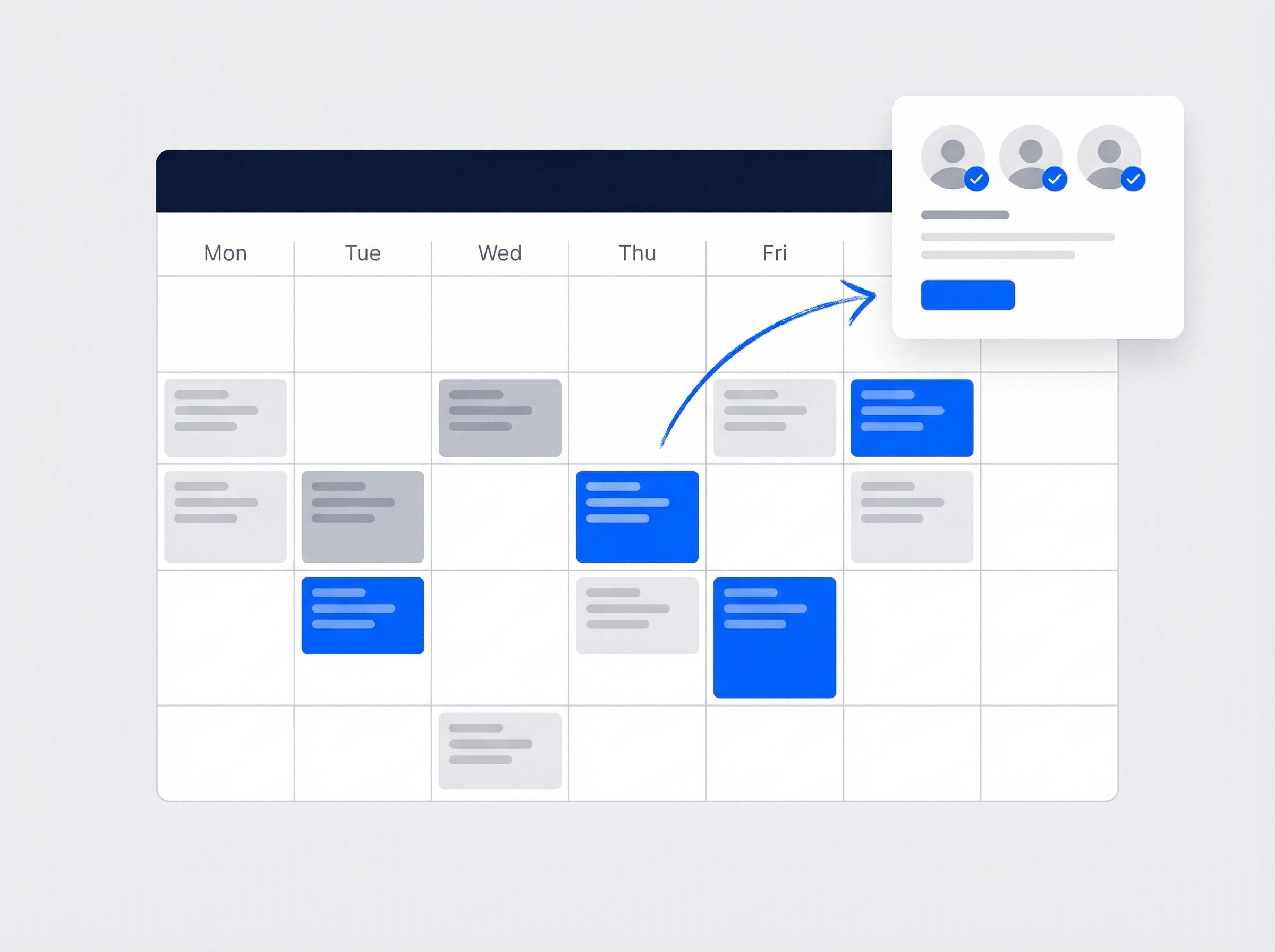 Illustrated scheduling calendar with color-coded job blocks and team assignment panel